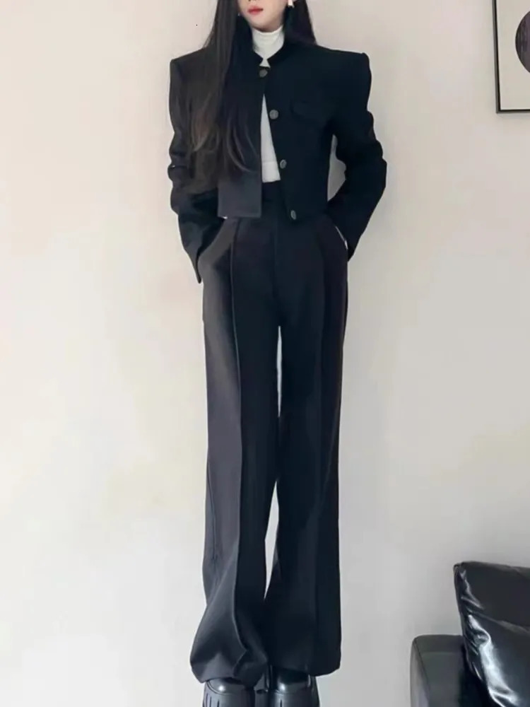 Women Fashion Elegant Casual Business Black Trousers Suit Vintage Crop Blazer Jackets and Pants Two Pieces Set Female Pantsuits 250106