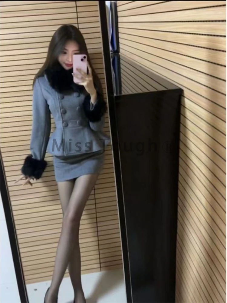 Winter Woolen Coat Collegiate Suit Woman Button Elegant Warm High Waist Retro Skirt Female Korea Style Chic Two Piece Set 250106
