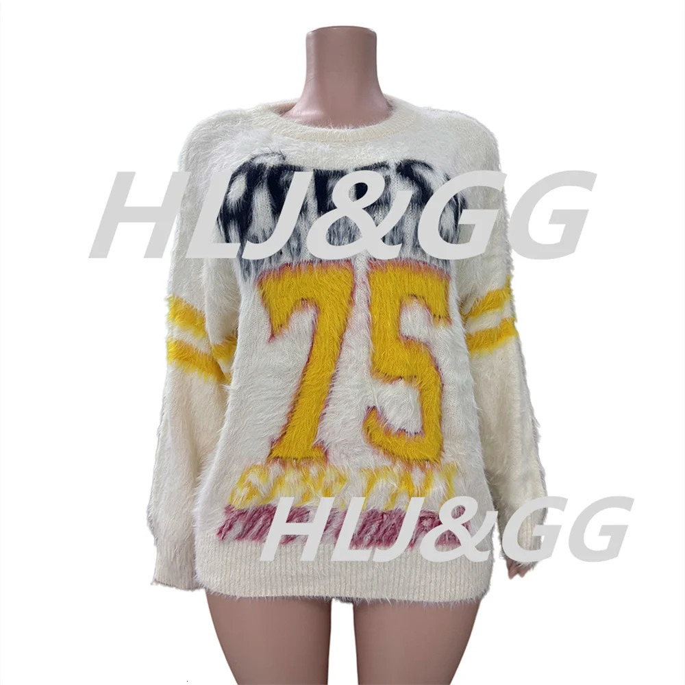 HLJ American Vintage Print Loose Knitted Sweater Women O Neck Long Sleeve Pullover Spring Neutral Style Oversize Top Clothes 250108