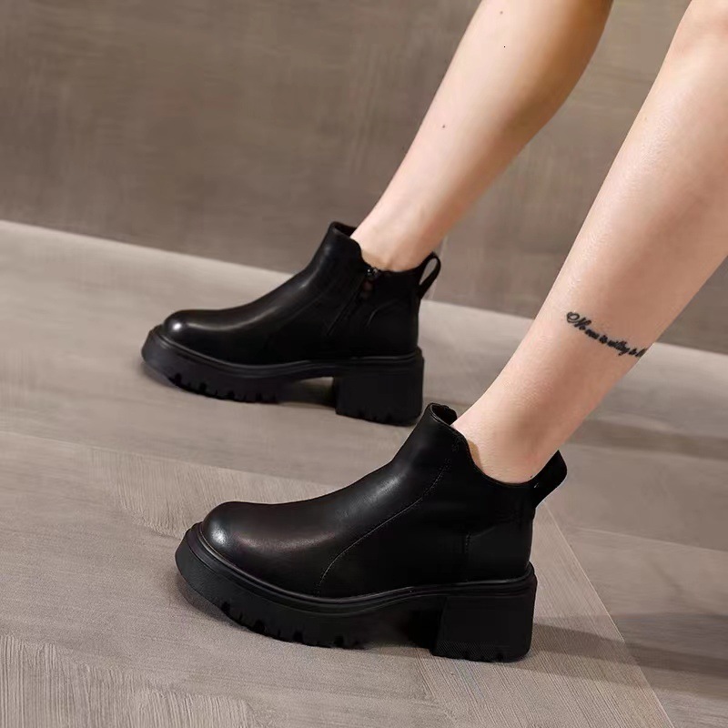Leather Thick Heel Huizhou Martin Boots for Women Autumn and Winter 2023 New Versatile Thick Bottom Side Zipper with Velvet Casual Short Boots