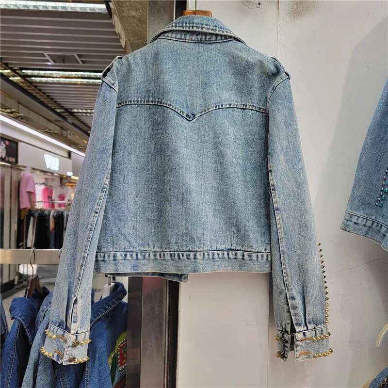 Women Dias Short Denim Bomber Coat Rivet Beaded Jeans Jacket Rhies Cardigan Lapel Long Sleeve Streetwear Tops