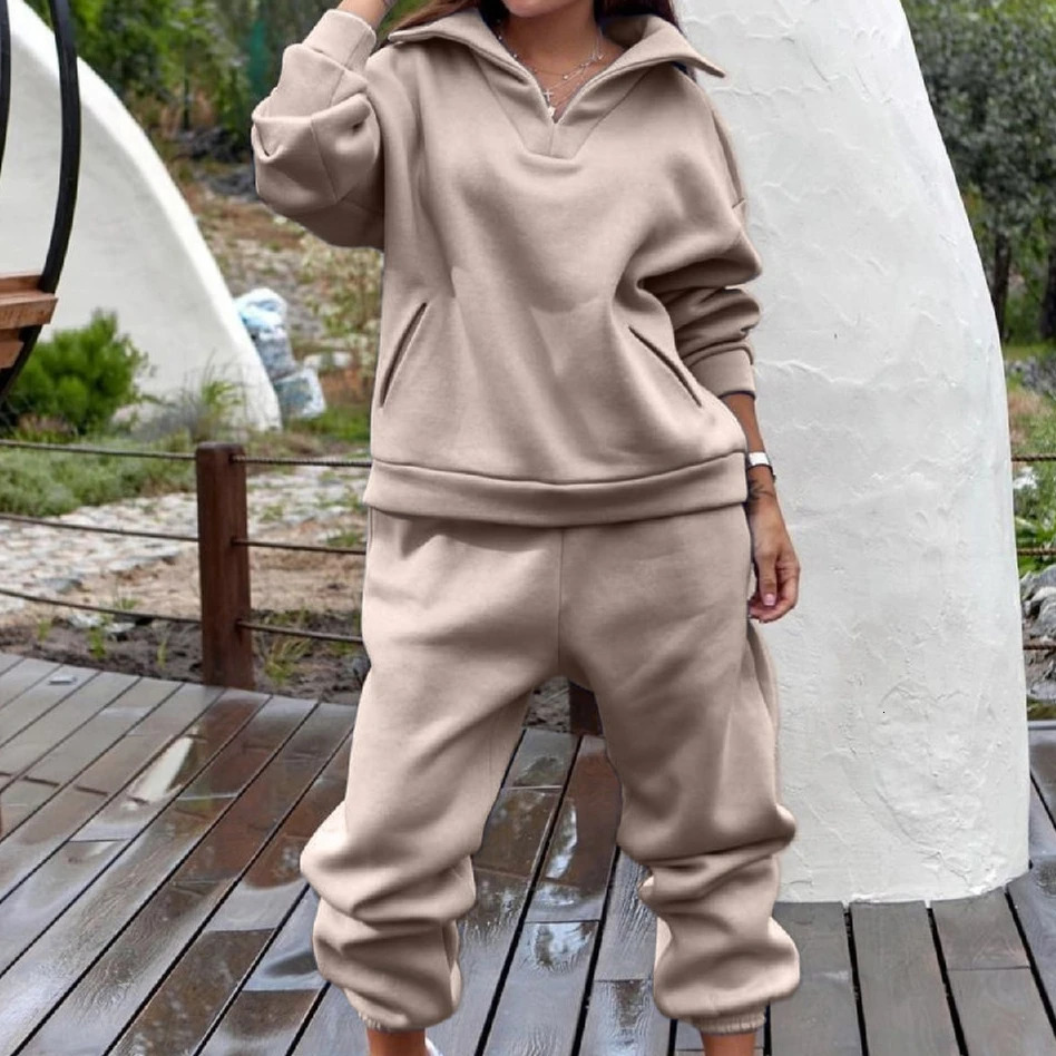 Women Tracksuit Set Plus Fleece Sweatshirts Two Piece Autumn Winter Casual Oversized Solid Female Sports Suit Long Pant 250106