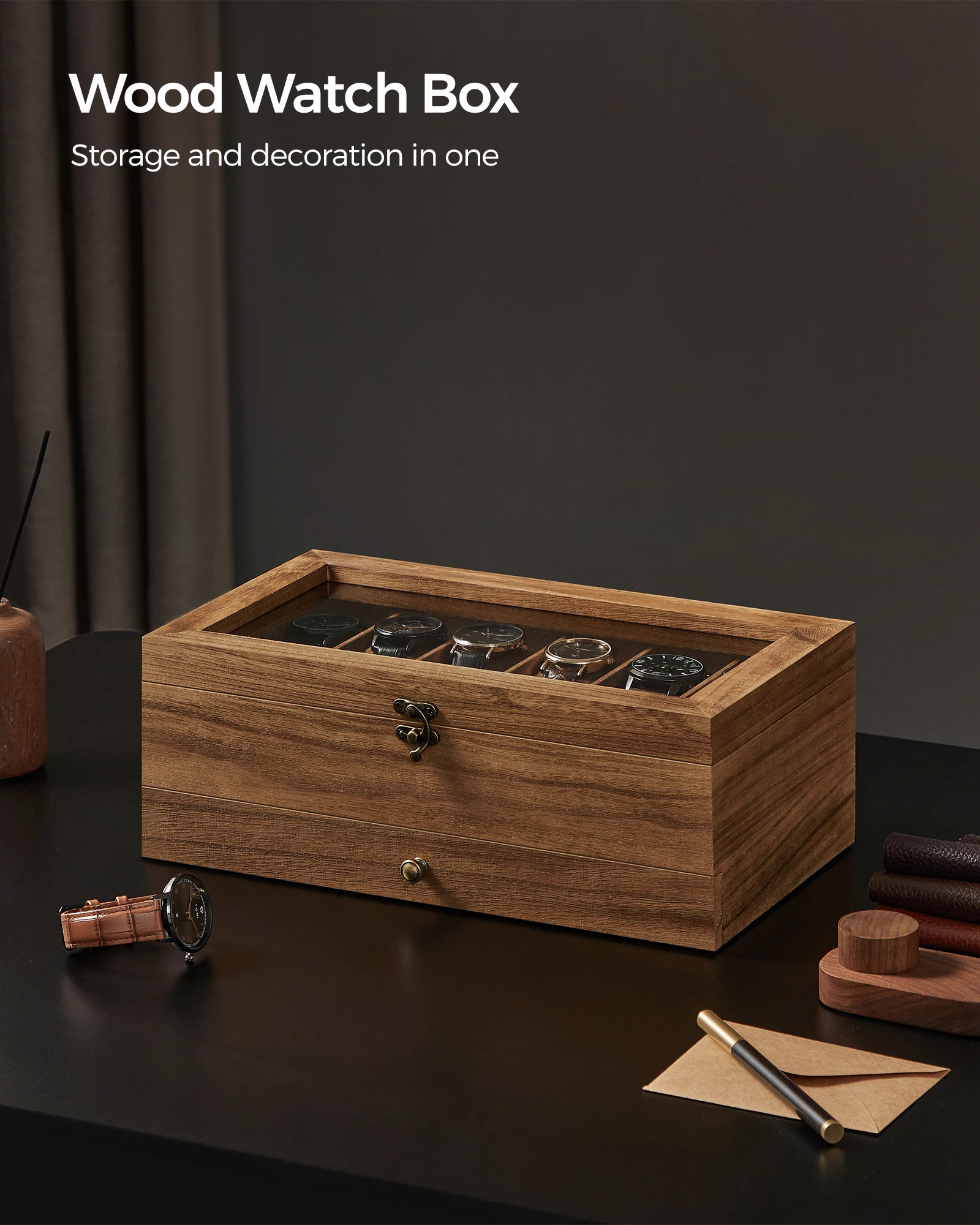 SONGMICS 12Slot Watch Box 2Tier Display Case with Large Glass Lid Removable Pillows Velvet Lining Jewelry 250109