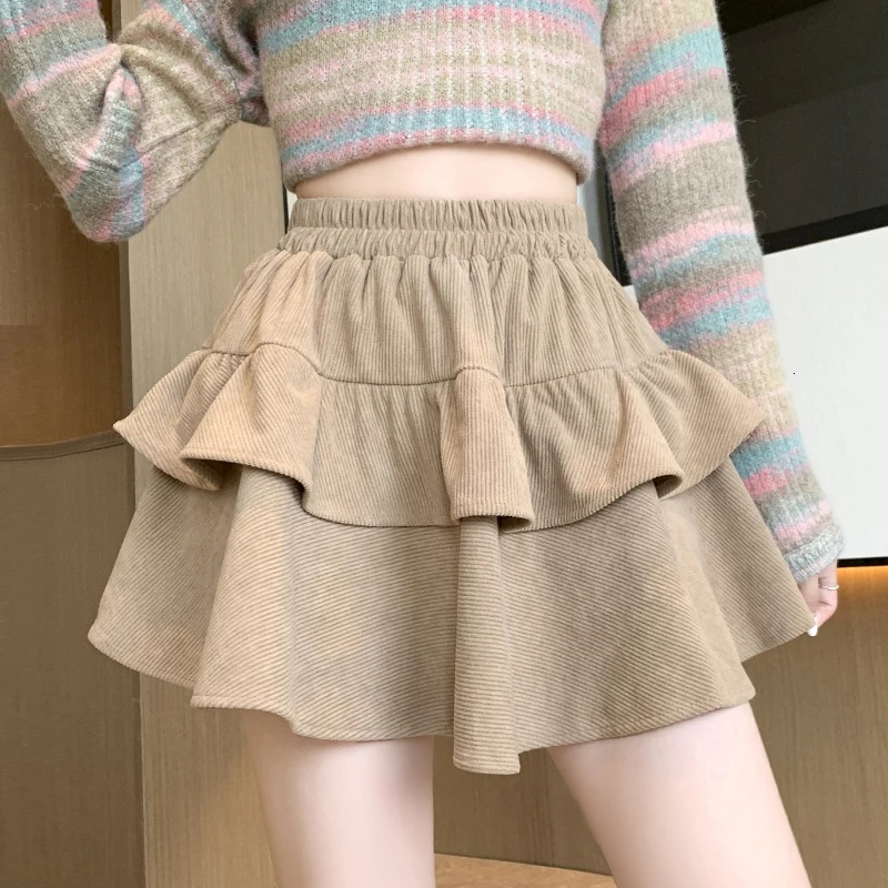 Y2K Corduroy Women Mini Skirts Korean Sweet Kawaii High Waist Female A Line Patchwork Folds Ruffles Ball Gown 250106