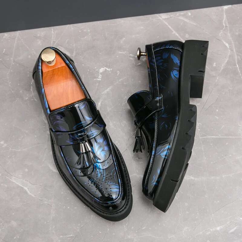 Patent Leather Tassle Slip On Loafers Brogue Chunky Sole 4Cm Casual Party Wedding Shoes For Men Free Shipping