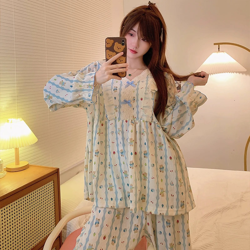 Plus Size Pajama Mujer Cherry Print Sleepwear Set Long Sleeve TopPants Ruffle Homewear SkinFriendly Breathable 250106
