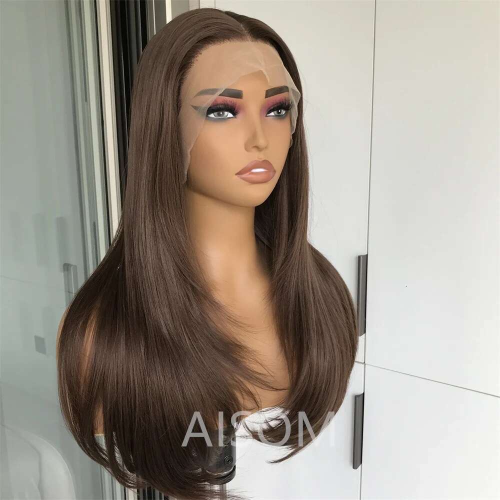 Chocolate Brown Layered Straight Front Synthetic Hair Pre Plucked Highlight Blonde Colored Lace Wig For Black Women