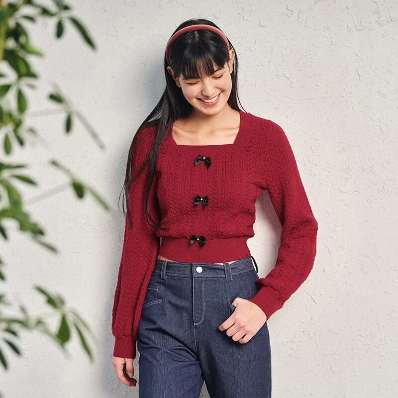 2024 Sweater Women Short Square Neck Bow Sweet Girly Spring New Gentle Slim Textured Top