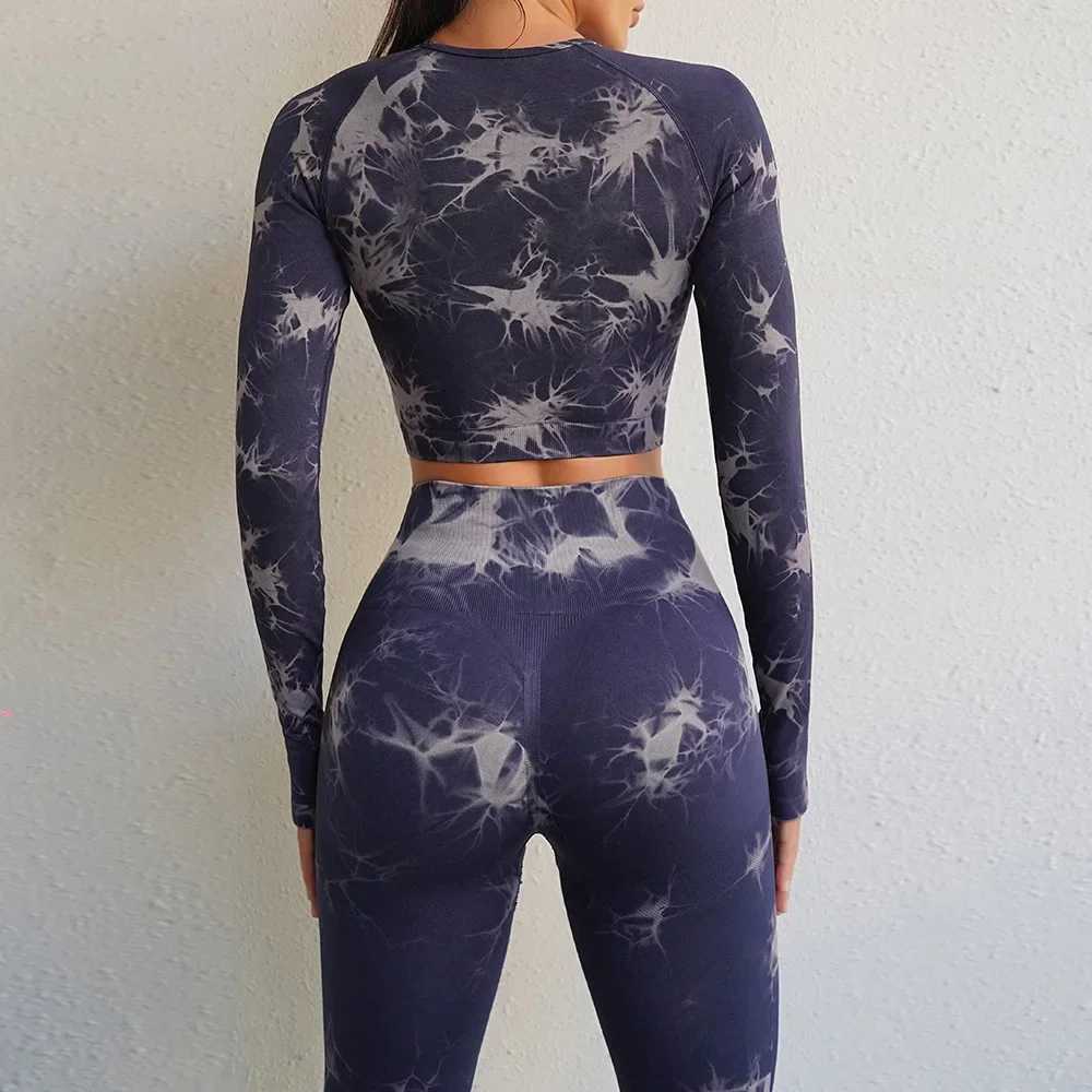 Tie Dye Yoga Long Sleeve Top Legging Sports Fitness Suits 2 Piece Sets Womens Outfits Gym Workout Clothes Set for Women Yoga SetXJ250109