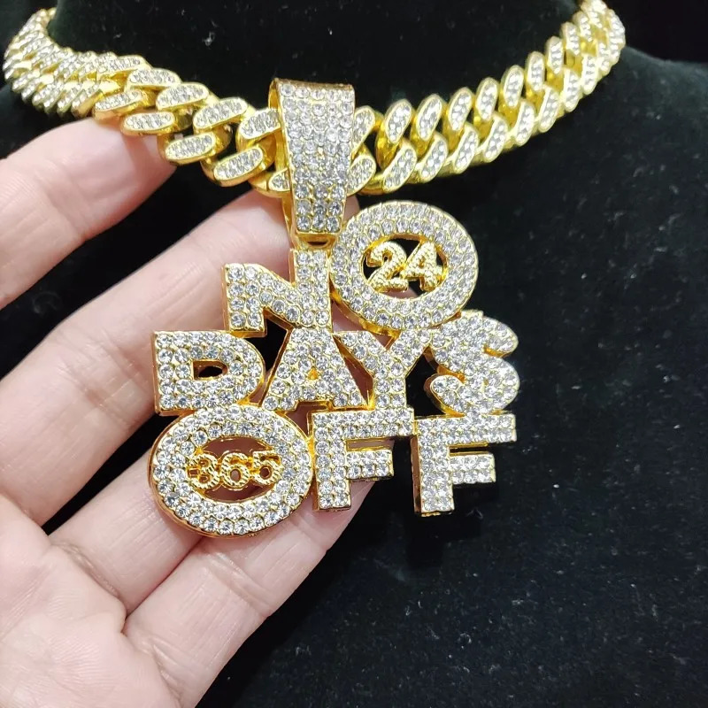 Men Women Hip Hop NO DAYS OFF Pendant Necklace with 13mm Cuban Chain HipHop Iced Out Bling Necklaces Fashion Charm Jewelry 250109