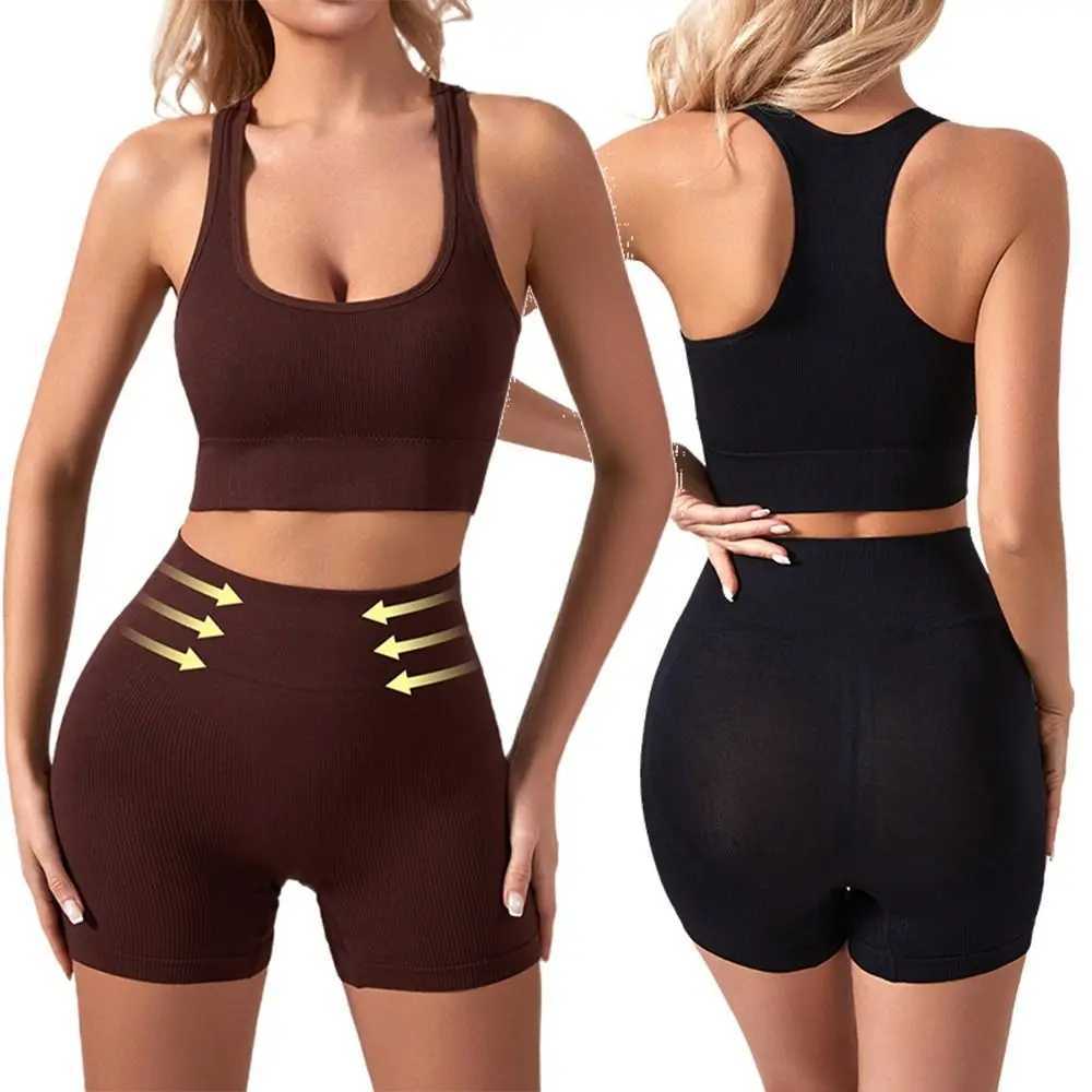 2Pcs High Waist Short Workout Outfits Ribbed Seamless Tracksuit Leggings Sleeveless Crop Matching Active Set BikerXJ250109