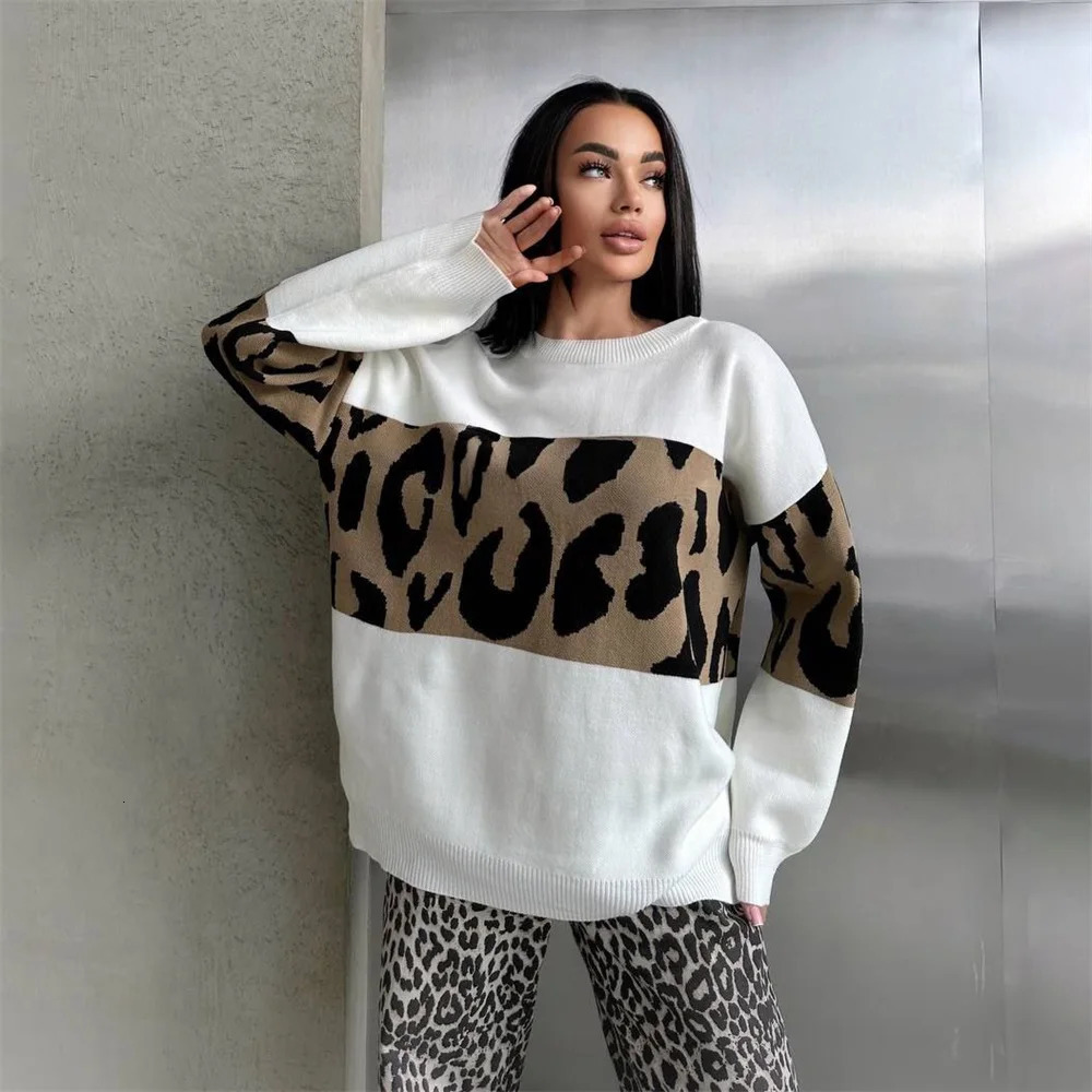 Autumn Winter Vintage Leopard Print Womens Sweater Loose Causal Oversized Knitwear Women Fashion Oneck Female Clothing 250108