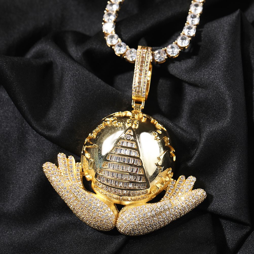 Hold The Earth in Your Hands Pendant Jewelry Men's Necklace 14k Gold with Rope Chain