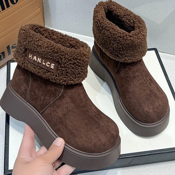 Mango Head Western style Snow Cotton Women's 2024 Trendy Small Height Increase Thick Bottom Flip Fur Mouth with Velvet Thick Cotton Shoes