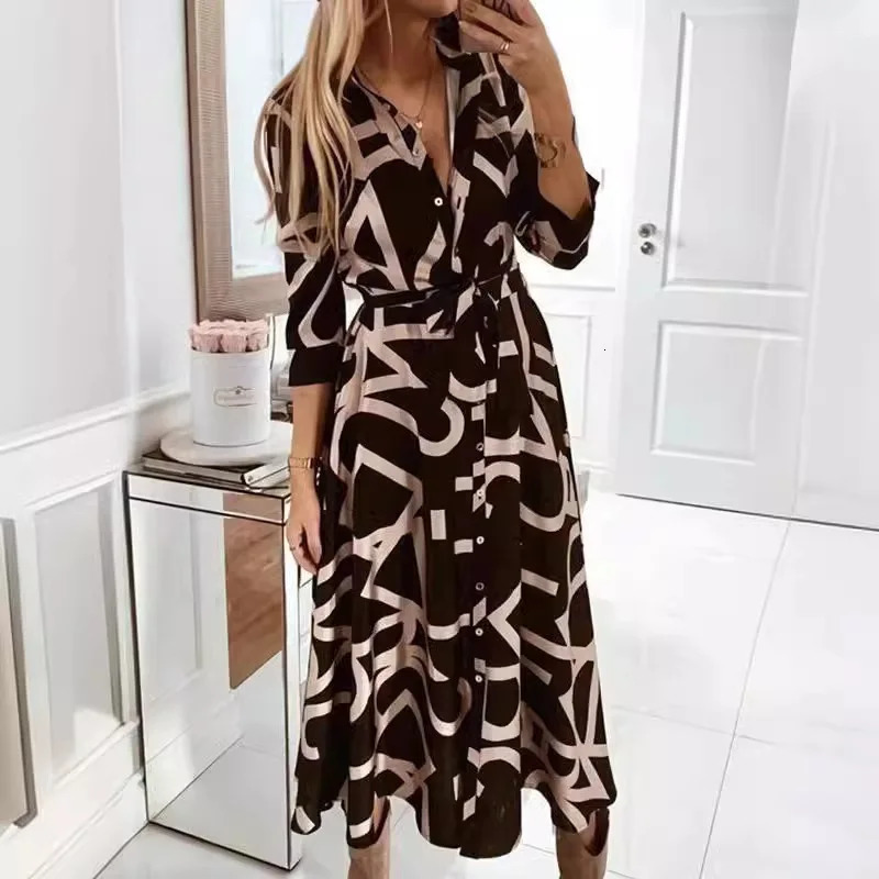 Women Dress Vneck Spring Autumn Geometry Printed buttonup longsleeved Woman midcalf Dresses Vestidos TXGL028 250106
