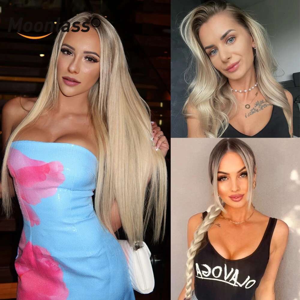 Beige Blonde Balayage Colored Glueless Human Hair Preplucked Ombre Transparent Straight 5x5 Lace Closure Wig Ready To Wear