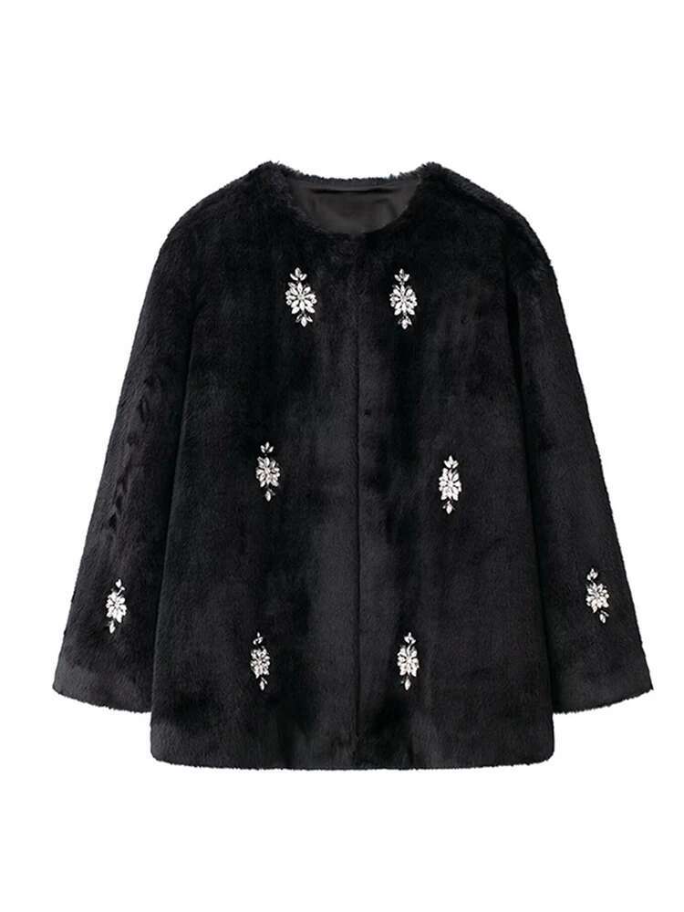 Thicken Dias Solid Women Jacket Faux Fur O Neck Lady Coat 2024 Elegant Autumn Winter Full Sleeve Loose Warm Female Overcoat