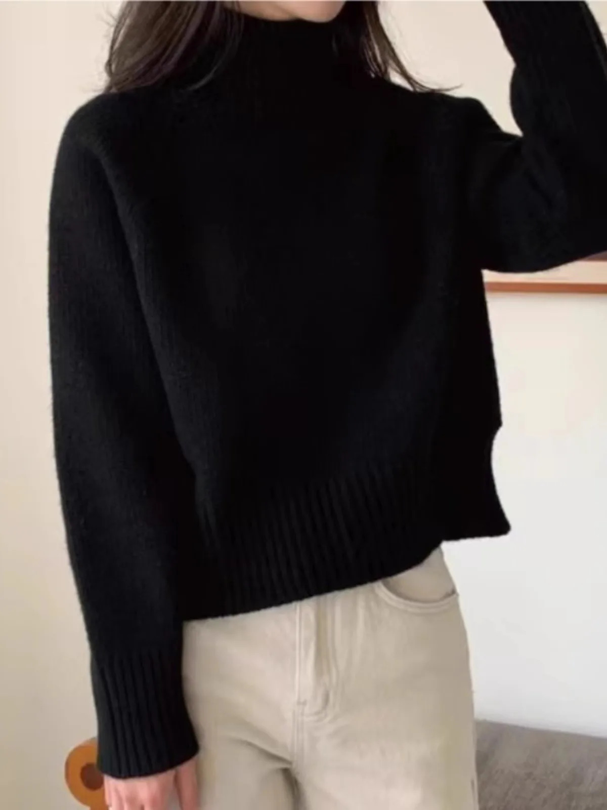 Euroamerican style autumn and winter turtleneck slit 100% pure cashmere sweater for women loose thick knit wool base 250108