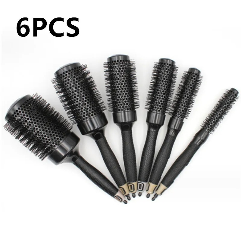 6pcs/set Black Boar Bristles Round Hair Comb Professional Hairdressing Hair Brush Static Barber Salon Styling Tools 250106