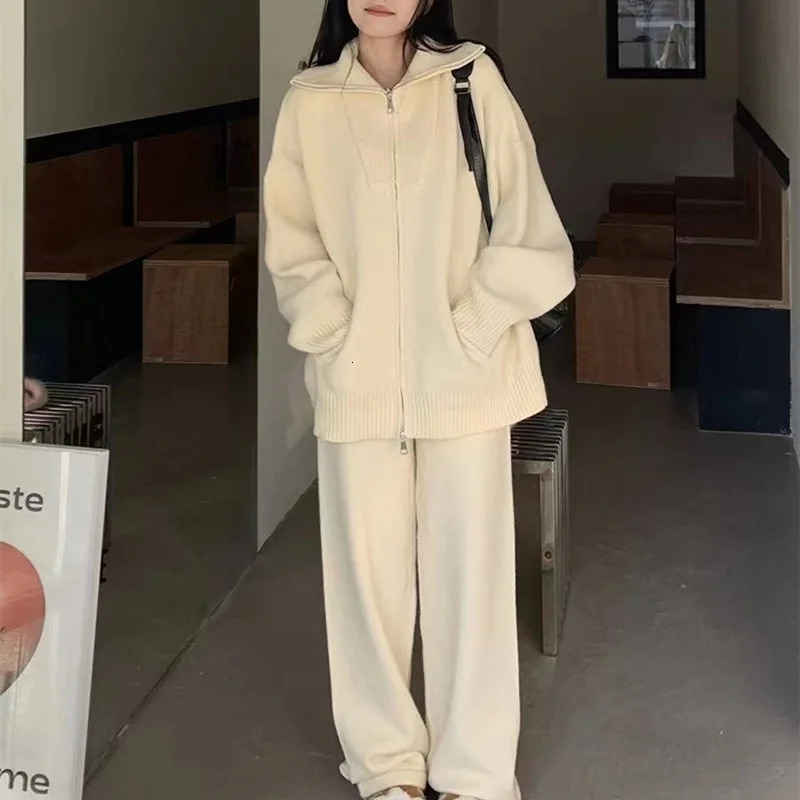 Autumn Winter Fashion Casual Loose Women Two Piece Set Knitted Zipper Long Sleeve Warm Cardigan CoatWide Leg Pants Suit 250106