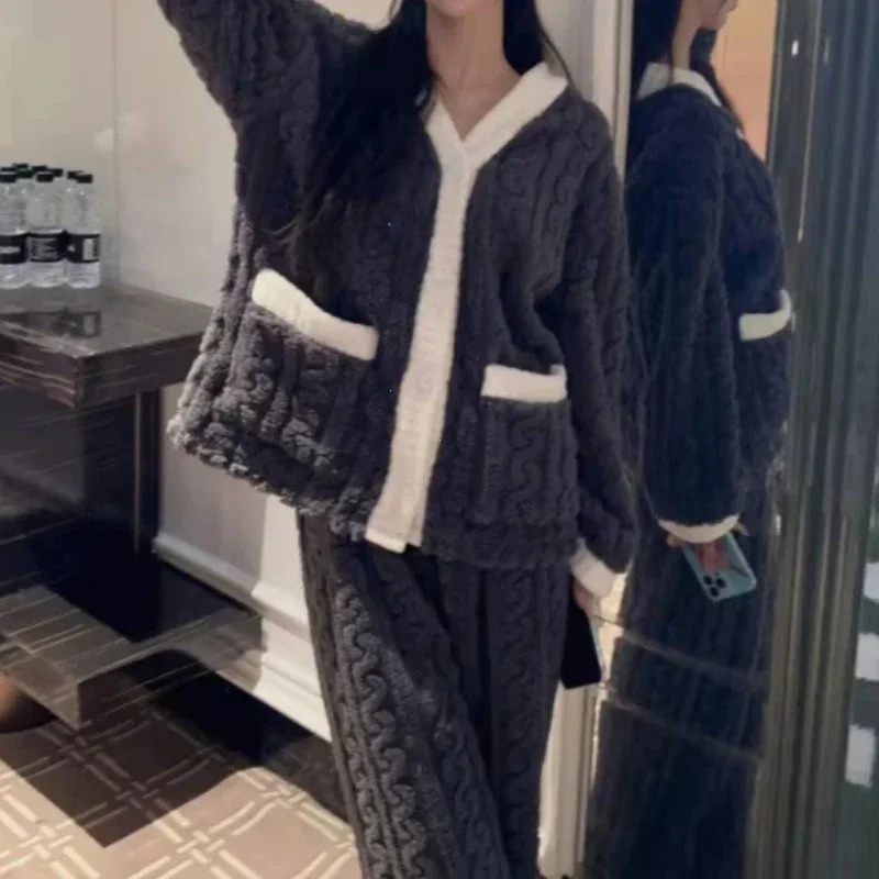 2pcsSet Autumn and Winter Pajamas Women Thickened Padded Warm Students Coral Girls Clot Velvet Suit Homewear Cardigan Trousers 250106
