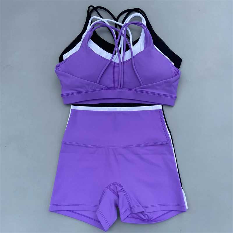 Yoga Shorts Set Women Gym Sports Set Workout Tracksuit 2 Piece Fitness Suit Cross Straps Bra High Waist Shorts Running ClothesXJ250109