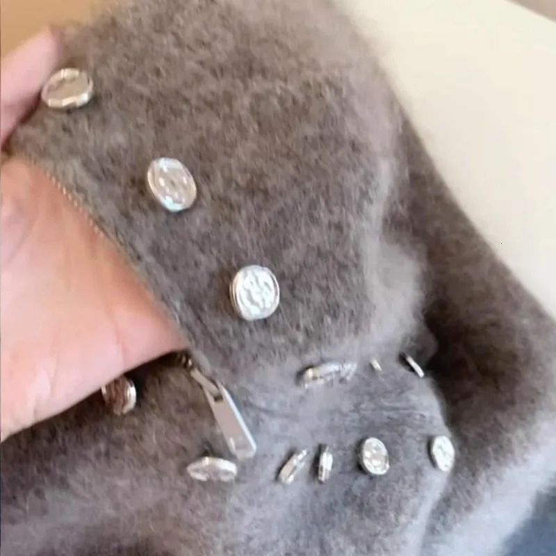 Zipper Elegant Gray Knitted Cardigans Double Breasted Decor Korean Sweaters Stand-up Collar Vintage Thick Coats Women Clothing 250106