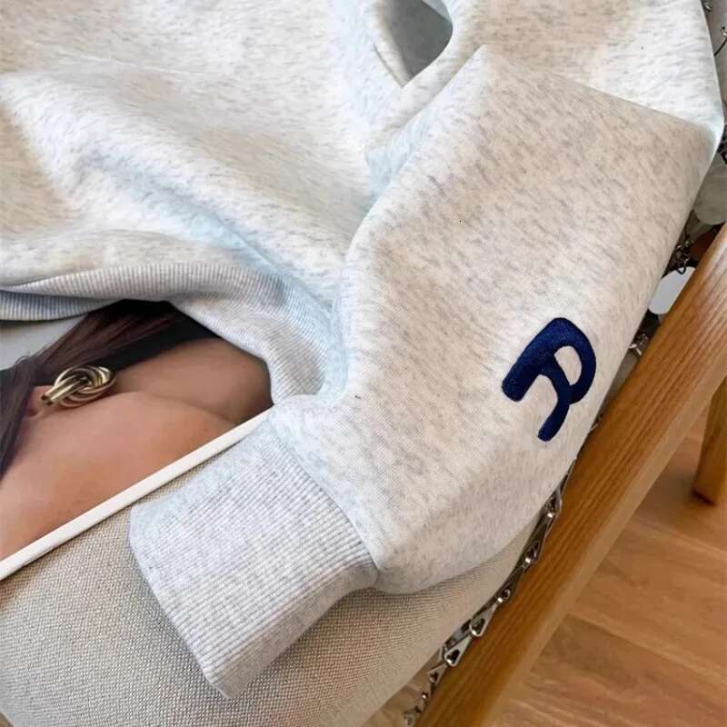 Y2k Women Gray Print Loose Hoodies Long Sleeve Sweatshirt Spring Autumn Blue Letter Embroidery Elegant Pocket Pullover Tops 2024