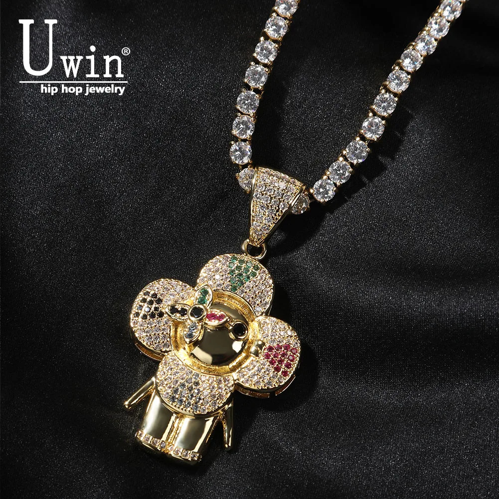 Uwin Donkey Flower Pendant Colored Zircon Necklace Hip Hop Jewelry Iced Out Fashion Charm Gifts 250109