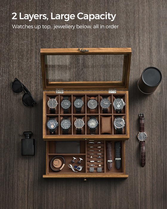 SONGMICS 12Slot Watch Box 2Tier Display Case with Large Glass Lid Removable Pillows Velvet Lining Jewelry 250109