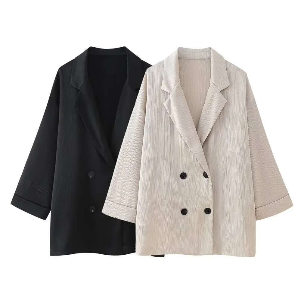 Women's Wear European American Style Spring And Summer New Women's Clothing Wrinkle Effect Double Breasted Suit Jacket Pants Set