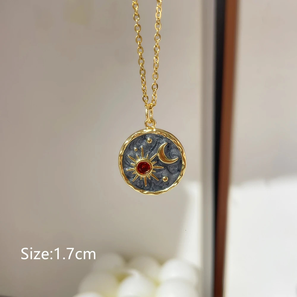 HangZhi Gray Enamel Round Star Sun Charm Natural Stones Pendants Necklace Stainless Steel Clavicle Chain Jewelry 250109