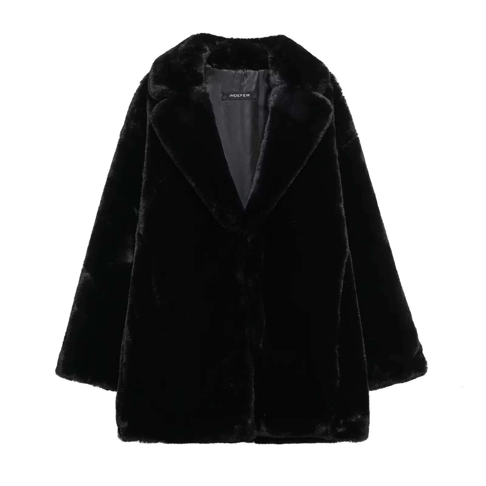 TRAFZA Women Fall Winter Faux Fur Lapel Mid Length New 2025 Fashion Elegant Romantic High Street Vintage Loose Coat