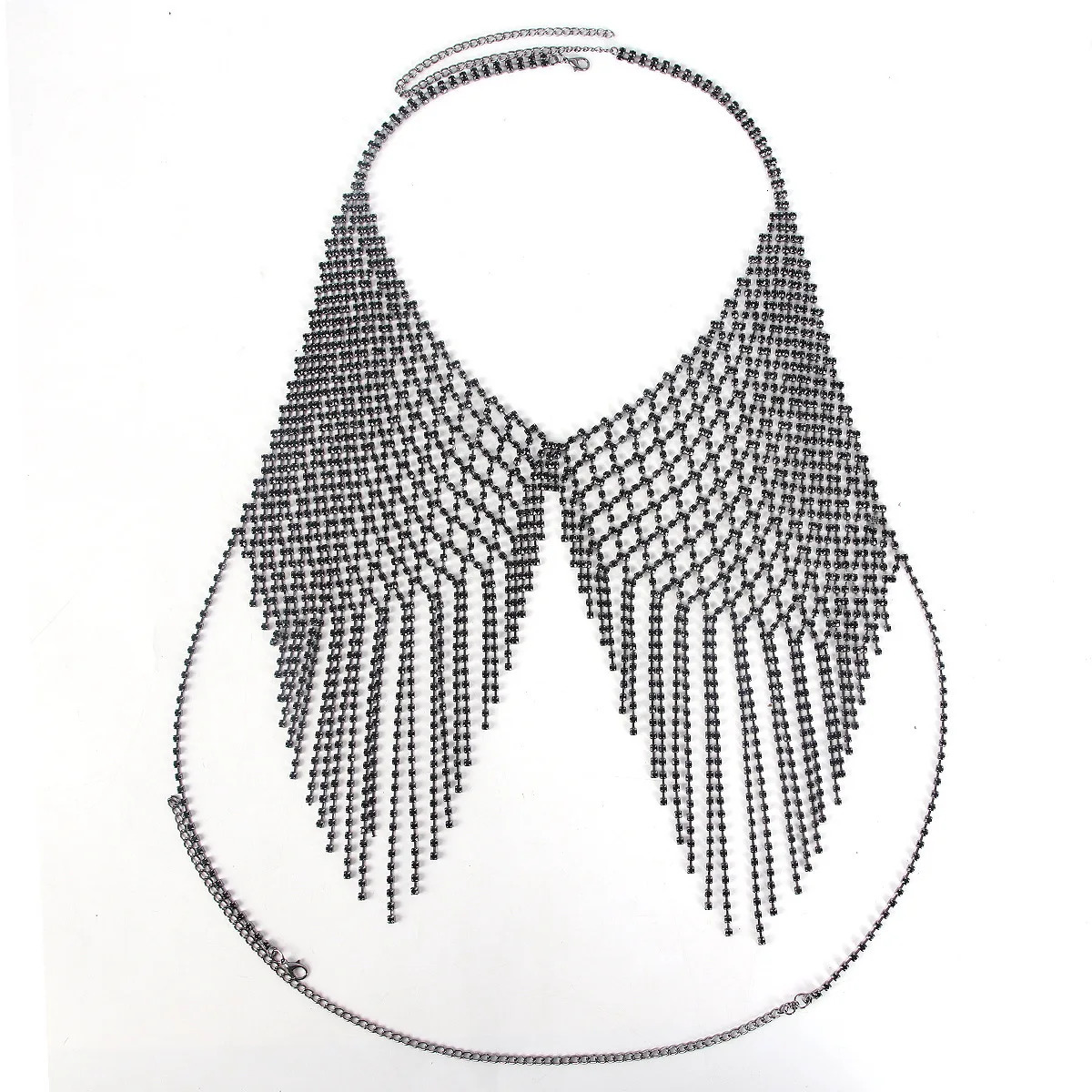 Fashionable Grid Tassels Retro Style Black Rhinestone Chest Chain Nightclub Womens Body Chain Jewelry 250107