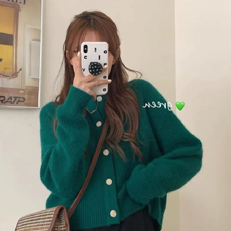 Vintage Solid Color Sweaters For Women Button Knitted Round Neck Comfortable Autumn Winter Fashion Cardigan 250108