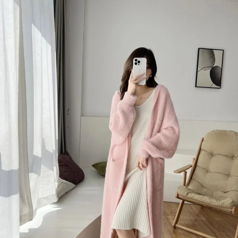 Thick hooded knitted cardigan jacket for sweater autumn and winter womens gentle lazy style knee length coat 250108