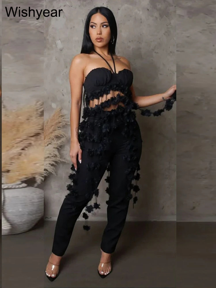 In Pencil Pants and Flower Tassel Halter Crop Top Two Pieces Women Birthday Outfits White Sexy Party Nightclub Matching Sets 250106