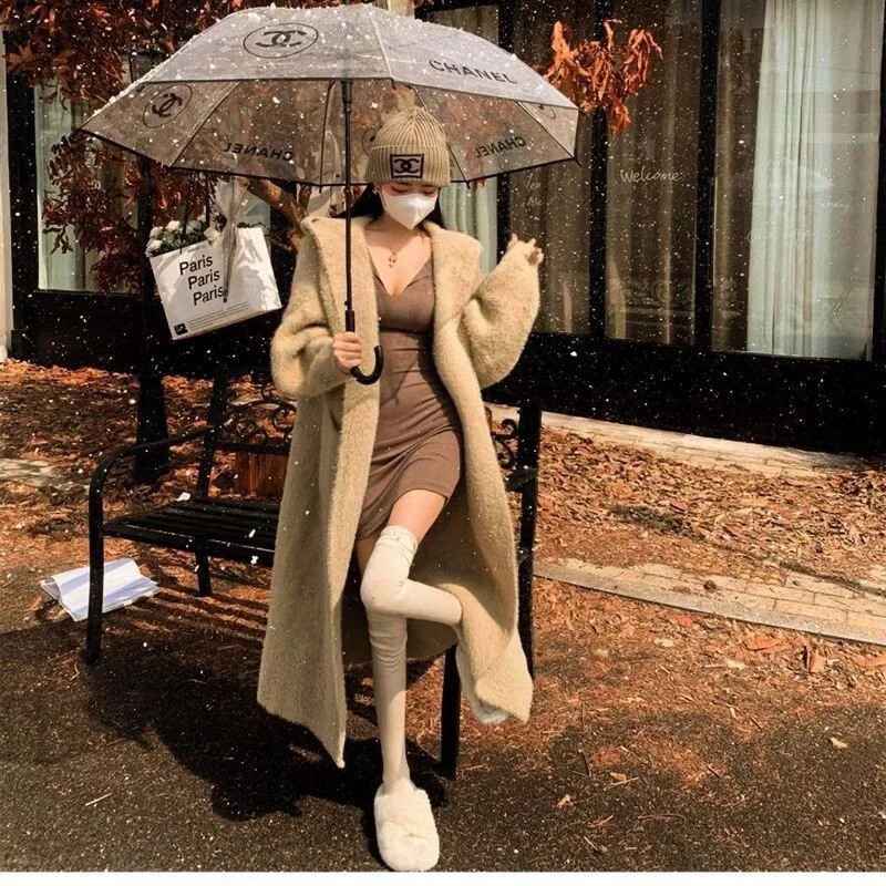 Thick hooded knitted cardigan jacket for sweater autumn and winter womens gentle lazy style knee length coat 250108