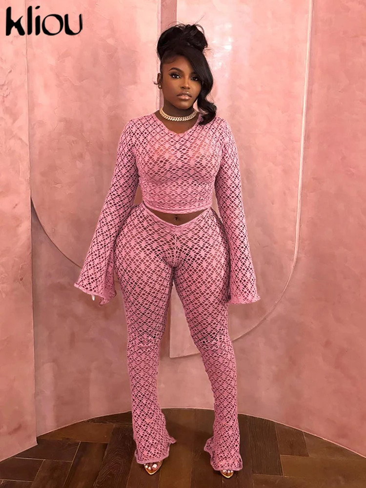 kliou Sexy Coquette 2 Piece Set Holes Solid Long Sleeve Slim TopsHigh Waist Flare Pants See Through Female Midnight Clubwear 250106