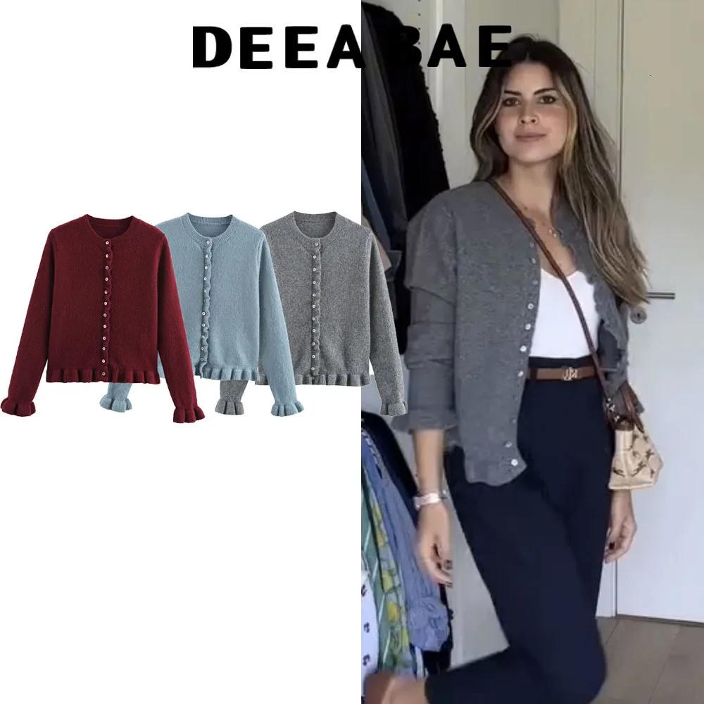 DEEABAE Korean Style Womens Clothing Ruffles Cardigan For Women Layered Decoration Long Sleeve Knitwear Solid Color Sweater 250108