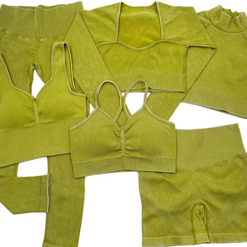 2/3PCS Seamless Washed Ribbed Yoga Sets Sports Fitness Crop Top Shirt Outfit Legggings Suits Workout Clothes Gym Sets for WomenXJ250109