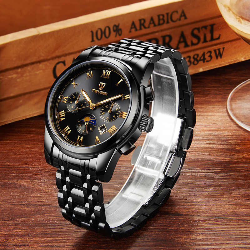 TEVISE Moonwatch Watch Mens Hollow-out Luminous Automatic Mechanical Watch with Stainless Steel Strap Business Wristwatch for Men T040-9005