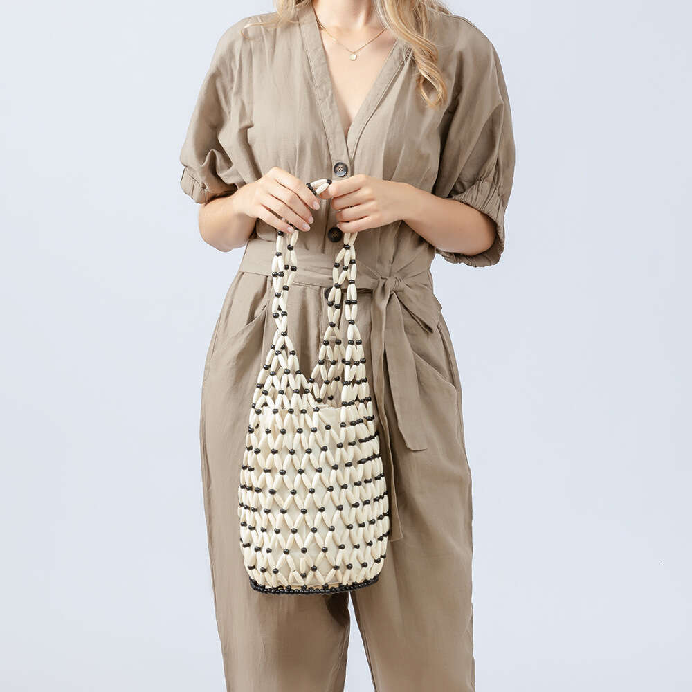 Hollow Out Handmade Woven Female Niche Design, Wooden Bead Bucket Bag, Summer Versatile Commuting Single Shoulder Women's Bags