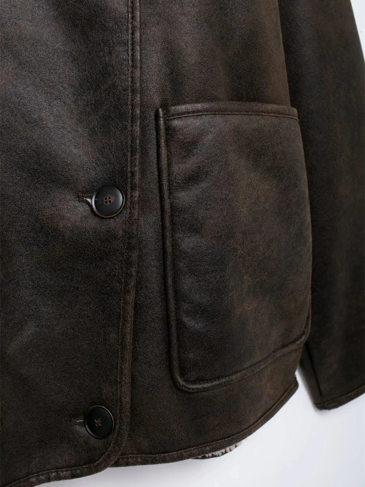 ZBZA Women Retro Faux Leather Jacket Solid Lapel Long Sleeve Single Breasted Pockets Padded Warm Outwear Fall Winter Chic Coat 250103