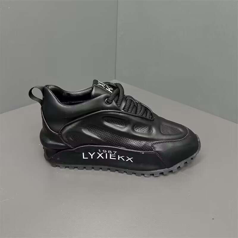 Chunky Sneakers Men Cover Bot tom Air Cush i on Board Fashion Casual Genuine Leather Increased Internal Platf orm Sh oes