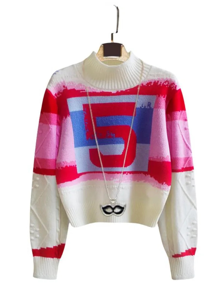 Runway Letter Striped Turtleneck Sweater Women Autumn Winter Clothes Y2k Vintage Sweaters Pink Chic Knitwear Top Pull Femme 250108