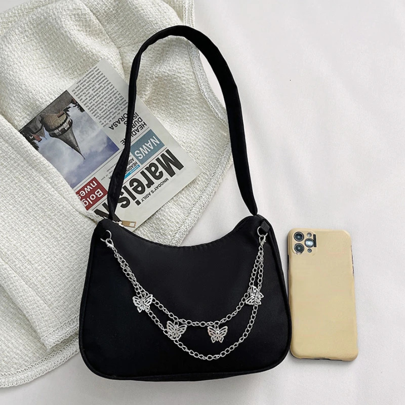 Fashion Women Small Shoulder Underarm Bag PU Leather Nylon Ladies Vintage Butterfly Chain Pure Color Zipper Mini Purse Handbag 250106