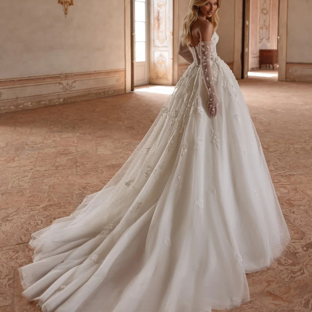 Simple A e Bridal Dress Appliques Pearls Wedding Sleeveless Sweetheart Neck Gown Sweep Train Customized Dresses Vestido De Novia