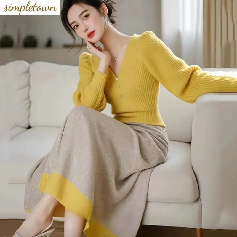 Autumn and winter socialite temperament casual suit Vneck long sleeved knitted topskirt twopiece set 250106