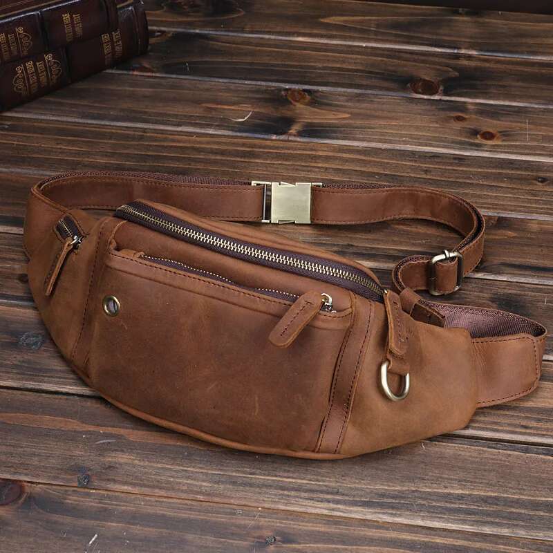 Crazy Horse Men Baotou Layer Cowhide Mobile Phone Fanny Pack Large Capacity Sports Diagonal Chest Bag Men's Leather